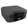 angled view of sentrysafe chw20101 fire and waterproof box in dark grey with black lock panel and keyhole
