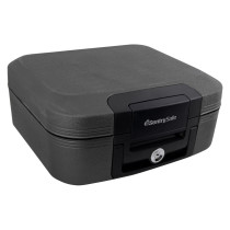 angled view of sentrysafe chw20101 fire and waterproof box in dark grey with black lock panel and keyhole