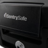 Close-up of the SentrySafe chw20101 fire and waterproof box showing the front panel and lock area
