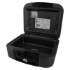 Open angled view of sentrysafe chw20101 fire and waterproof box showing the empty inside and lid with labels