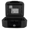 Open sentrysafe chw20101 fire and waterproof box showing inside with labels on the lid and locking mechanism visible