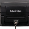 Close-up of the handle and lock with key on the sentrysafe fireproof waterproof a4 box paper digital media container