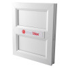 letterblox letterbox blanking plates shown installed at an angle with a white frame and central logo panel
