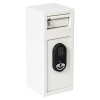 angled view of de raat protector mp1 deposit safe with electronic lock and key slot in white finish