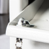 Close-up of lock mechanism on de raat protector mp1 deposit safe with drawer open and key inserted