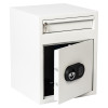 Angled view of de raat protector mp2 deposit safe with electronic lock showing the door slightly open and keys in lock