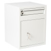 angled view of a white de raat protector mp2 deposit safe key lock showing lock and keys on front panel
