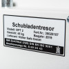 Information panel on de raat protector mp2 deposit safe key lock showing model, weight, certification, and manufacturer details