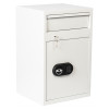 Angled view of the de raat protector mp3 deposit safe electronic lock showing the lock and key slot on a white body