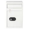 Front view of de raat protector mp3 deposit safe with electronic lock and key inserted in lock
