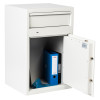 de raat protector mp3 deposit safe key lock with angled door open showing files and a face mask inside