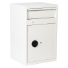 Angled view of de raat protector mp3 deposit safe key lock in white with front deposit slot and black lock handle