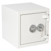 Angled view of de raat drs prisma security safe key lock with key inserted in lock
