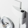 Close up of the hinge on the de raat drs prisma security safe key lock showing its white textured surface