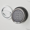 Close up of the de raat drs prisma security safe electronic lock keypad and handle on a white surface