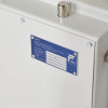 Close-up of the informational panel on the de raat drs prisma security safe electronic lock showing certification details