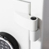 Close-up of the hinge on the de raat drs prisma security safe electronic lock shown in white textured finish