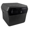 Angled view of a black SentrySafe FHW40100 fireproof box with textured lid and front lock panel