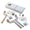 dorma bts75v floor spring kit contents showing metal parts screws and fittings on a white background