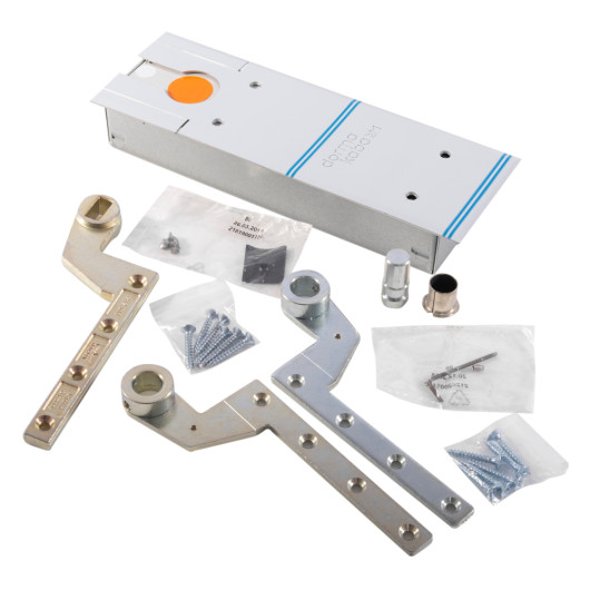 dorma bts75v floor spring double action kit contents showing metal parts and screws arranged on a white background