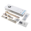 Parts and screws included in the dorma bts75v floor spring hold open kit laid out on a white background