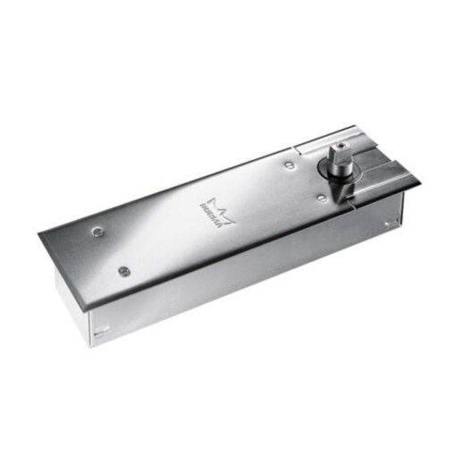 angled view of a metal dorma bts80 floor spring showing its rectangular shape and surface details