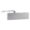Front view of dorma ts71 silver overhead door closer showing the main body and attached arm in silver finish