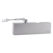 Front view of dorma ts71 silver overhead door closer showing the main body and attached arm in silver finish