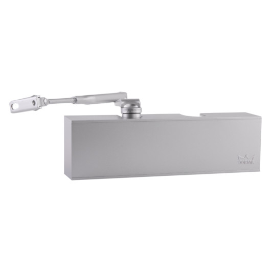 Front view of dorma ts71 silver overhead door closer showing the main body and attached arm in silver finish