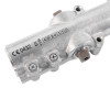 Close up of the silver body of a dorma ts72v overhead door closer with back check showing screws and markings