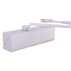 angled view of a silver dorma ts83 overhead door closer back check showing its rectangular body and arm mechanism