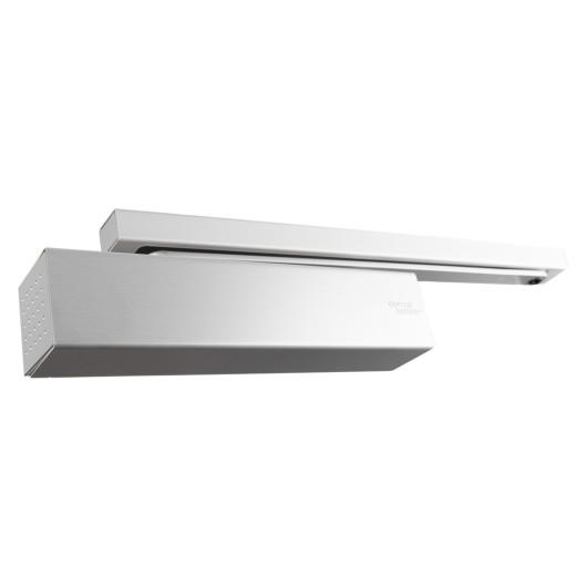 Silver Dmts91 Dorma Ts91 overhead door closer with side arm in an angled position on a white background