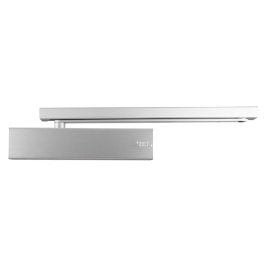 Image of Dmts92 Dorma Ts92 overhead door closer with side arm in silver finish shown from the front angle