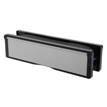 angled view of aluminium 10 inch intumescent letter plate with silver centre and black edges