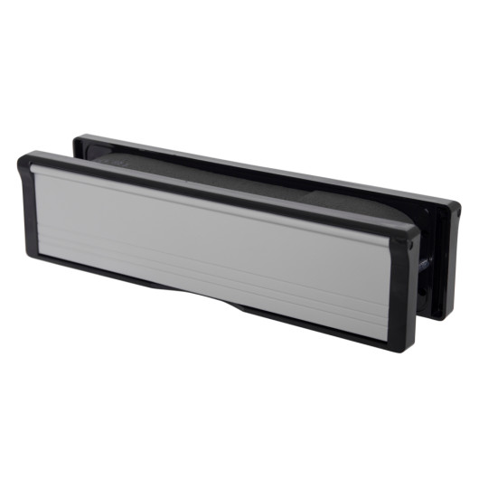 angled view of aluminium 10 inch intumescent letter plate with silver centre and black edges