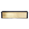 polished brass 10 inch intumescent letter plate showing front view with rectangular brass flap and black frame