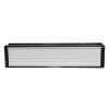 Front view of aluminium 12 inch intumescent letter plate with silver centre and black edges