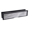 angled view of a chrome 12 inch intumescent letter plate showing its reflective surface and black frame