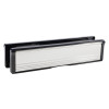 Back view of chrome 12 inch intumescent letter plate showing the rear side with black frame and silver flap
