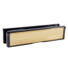 Back view of polished brass 12 inch intumescent letter plate showing the rear edge and black mounting frame