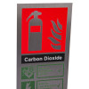 stainless steel fire extinguisher sign co2 showing a red fire extinguisher symbol with flames and safety information in green text