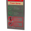 Close up of the bottom of a stainless steel fire extinguisher sign foam showing safety information in green and red boxes