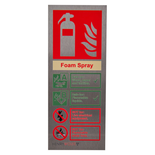 Front view of stainless steel fire extinguisher sign foam showing fire extinguisher icon and safety instructions