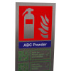 stainless steel fire extinguisher sign powder showing a fire extinguisher symbol above ABC Powder text on metal background