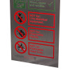 Bottom of henry wolfe stainless steel fire extinguisher sign water showing warnings in red and green text
