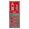 Front view of henry wolfe stainless steel fire extinguisher sign water showing safety and warning symbols