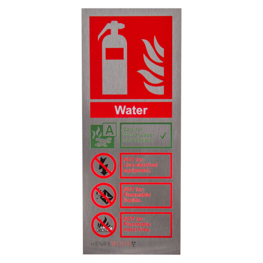 Front view of henry wolfe stainless steel fire extinguisher sign water showing safety and warning symbols