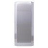 Front view of a silver henry wolfe fire extinguisher cabinet with a smooth metallic finish
