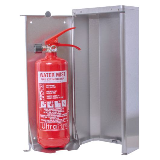 henry wolfe fire extinguisher cabinet open fully showing a red fire extinguisher inside