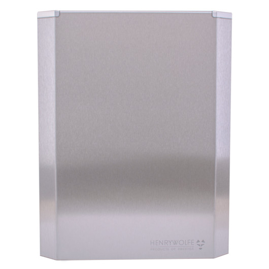 Front view of the Henry Wolfe fire blanket cover in a plain metal finish with subtle branding at the bottom right